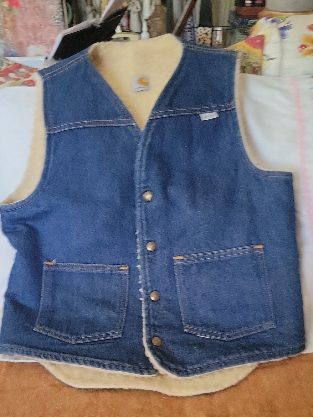 Carhartt Vintage 80's Denim Sherpa Lined Vest W Snap Closure. Size small